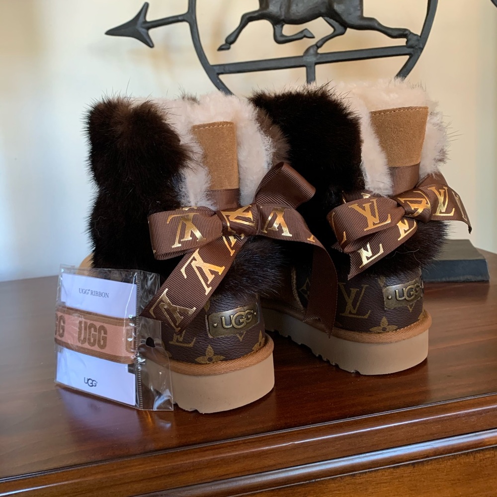 Upcycled Uggs with LV heel patch and “mink” cuff